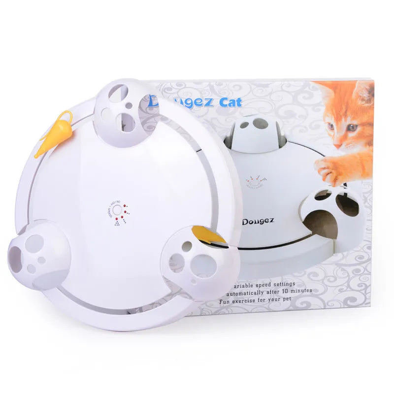 White electric cat toy turntable with mouse design on rotating ABS base, 32cm diameter