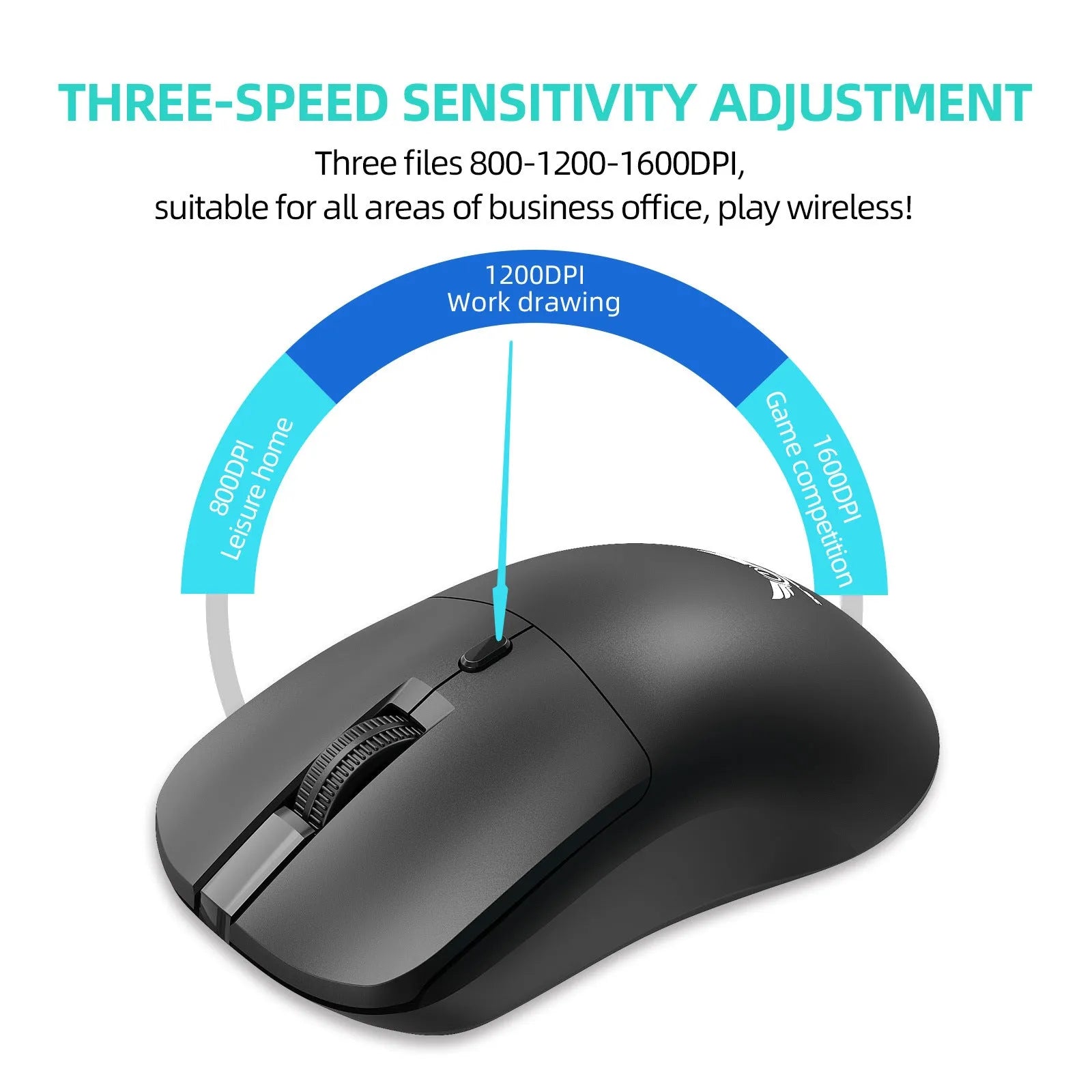 Black wireless computer mouse with three audio control buttons on side