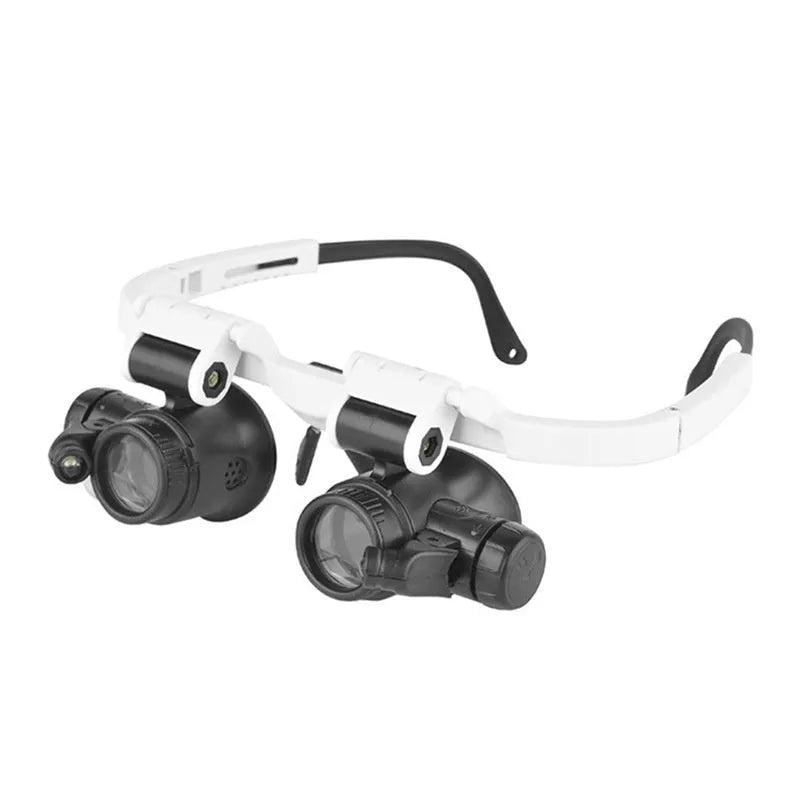 White head mounted magnifying glass with 30x optical glass lens, folded to 85mm for storage