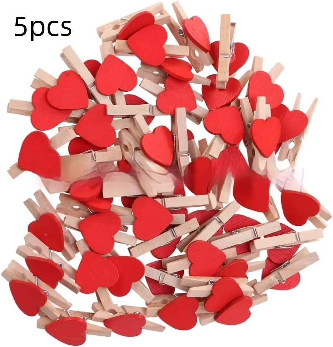Five small wooden heart-shaped clips in red, pink, yellow, white, and rose red colours on a neutral background.