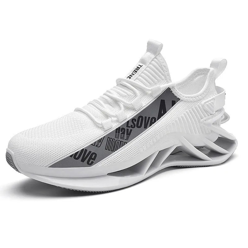 Men's fly woven mesh casual sports shoes in black, blue, red, and white colour options