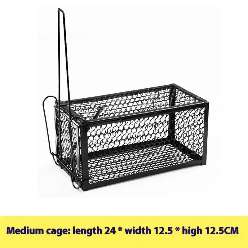 Automatic mouse trap cage shown in small, medium, and large sizes with metal and plastic construction options.
