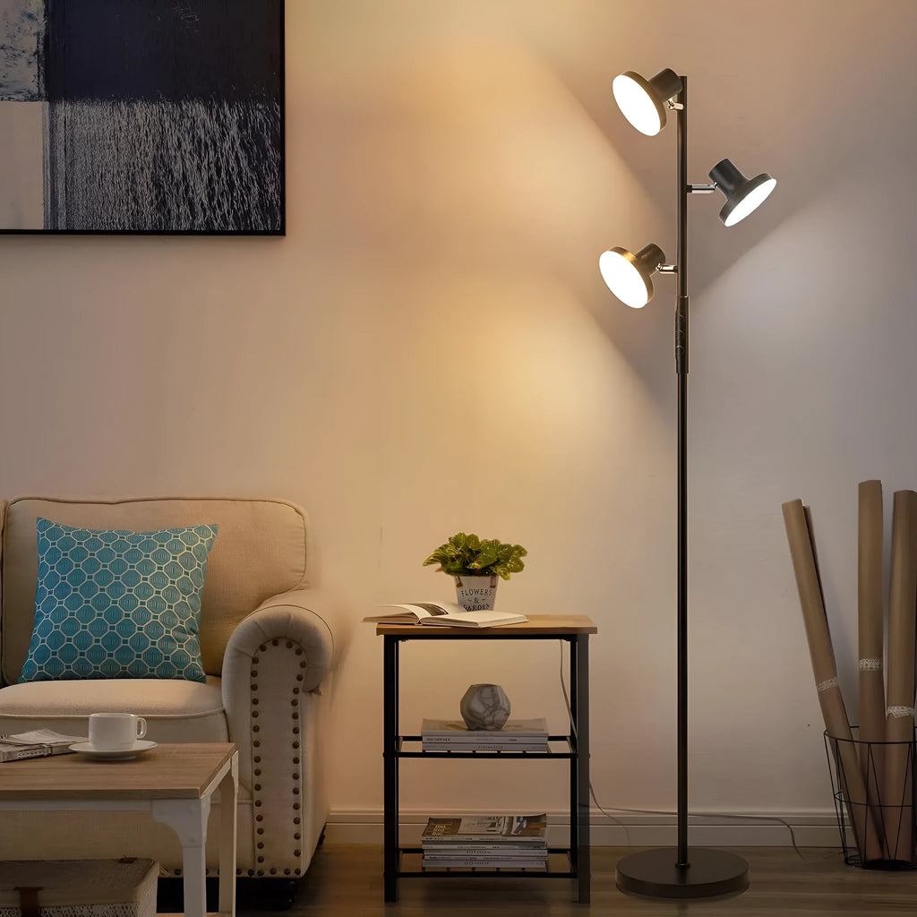 Adjustable metal floor lamp with remote control, 170cm tall, black finish, in a living room setting