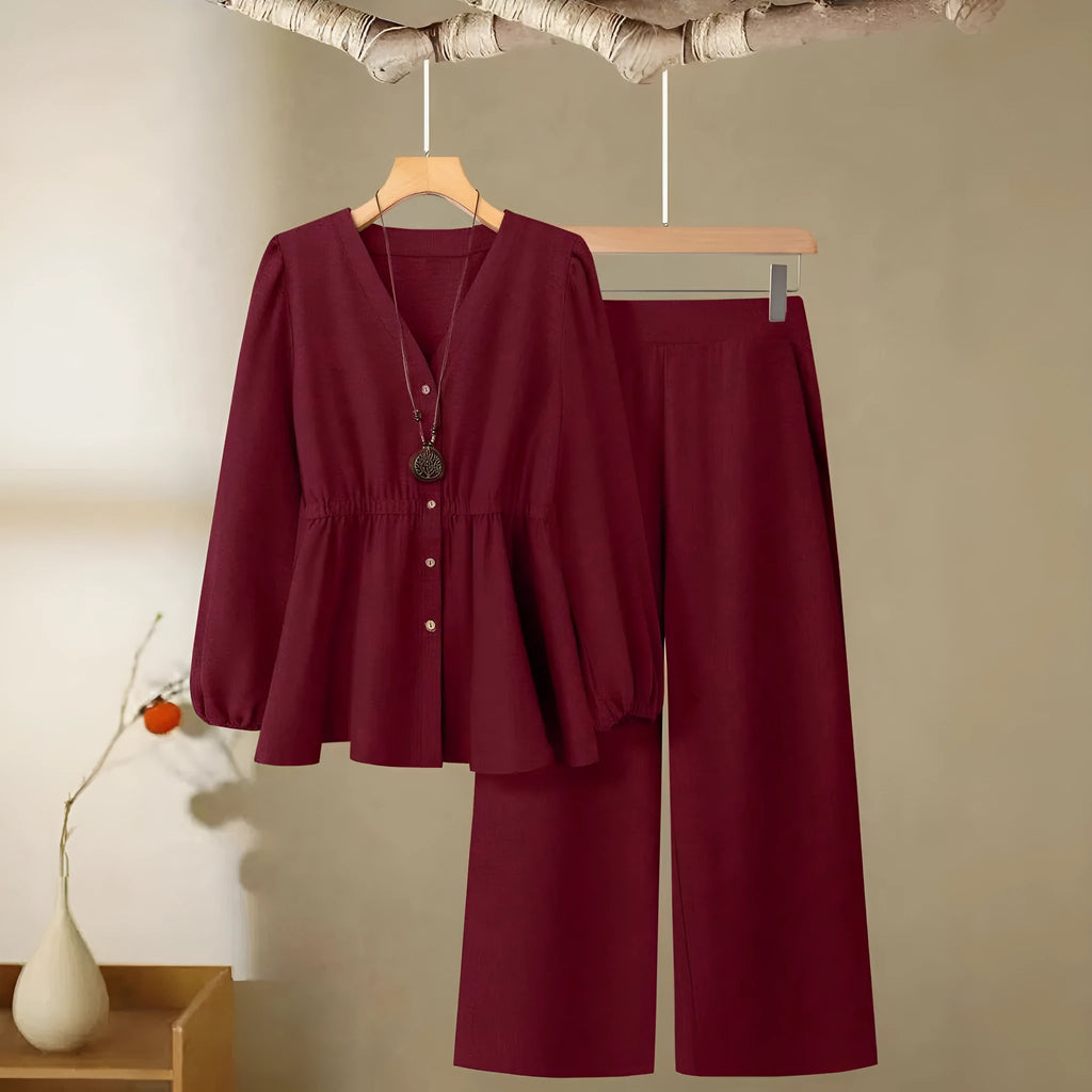 Women's polyester two-piece suit in khaki with long sleeves, button detailing, and matching trousers