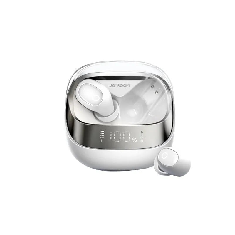 Dawn White wireless Bluetooth earbuds with charging case on a grey background.