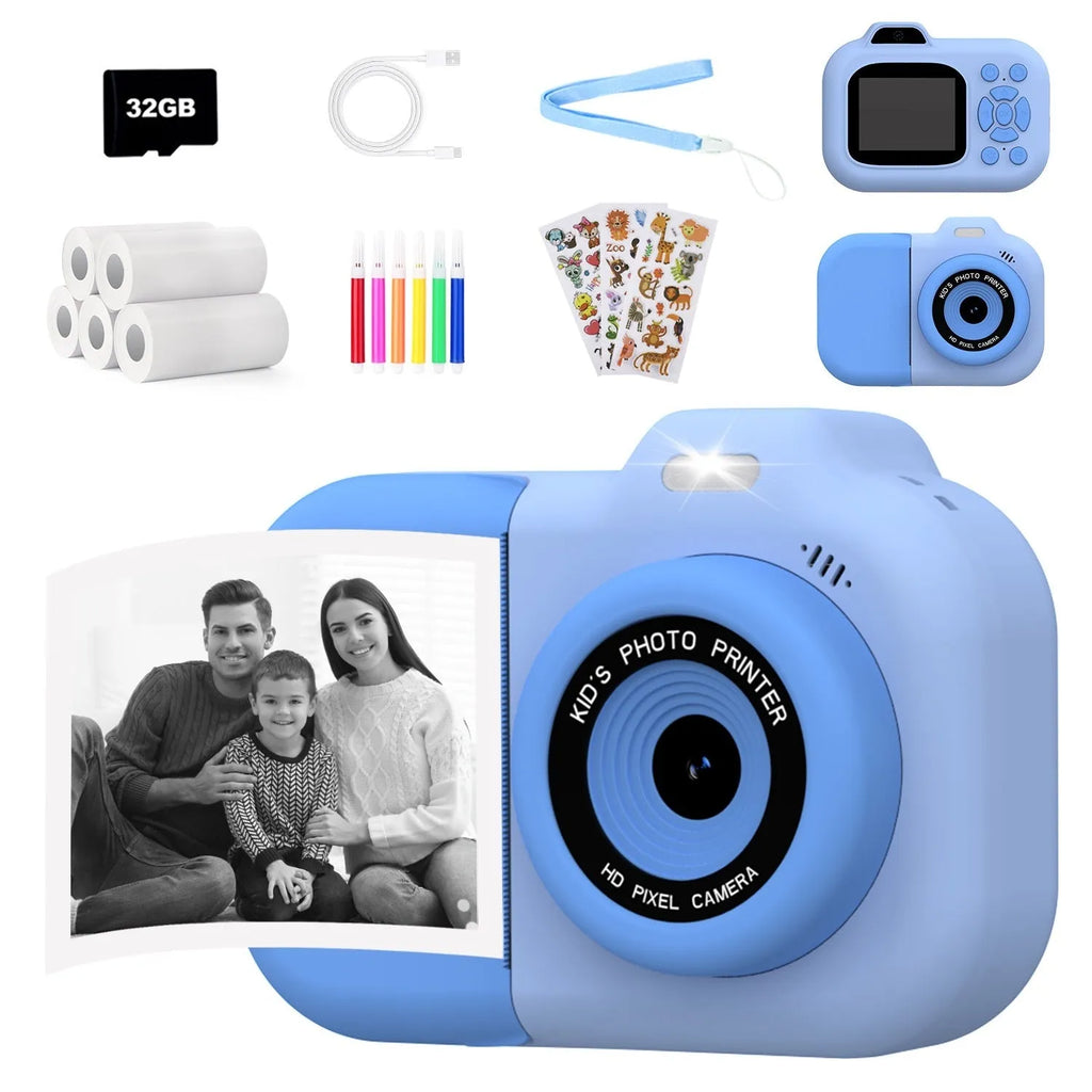Children's digital toy camera in pink, blue, or purple colour with video recording and game functions.