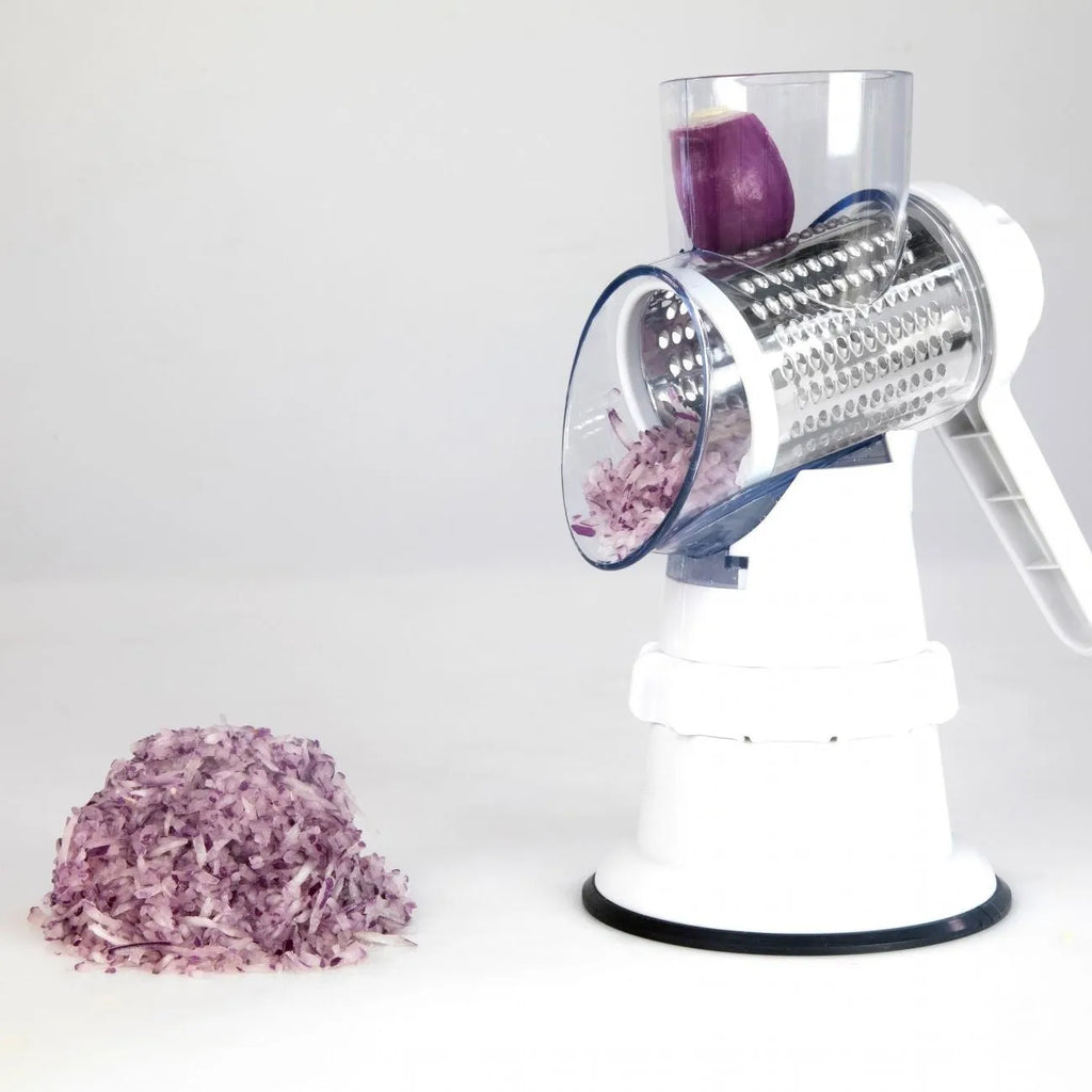 White 3-in-1 vegetable slicer manual kitchen gadget with suction feet and stainless steel blades