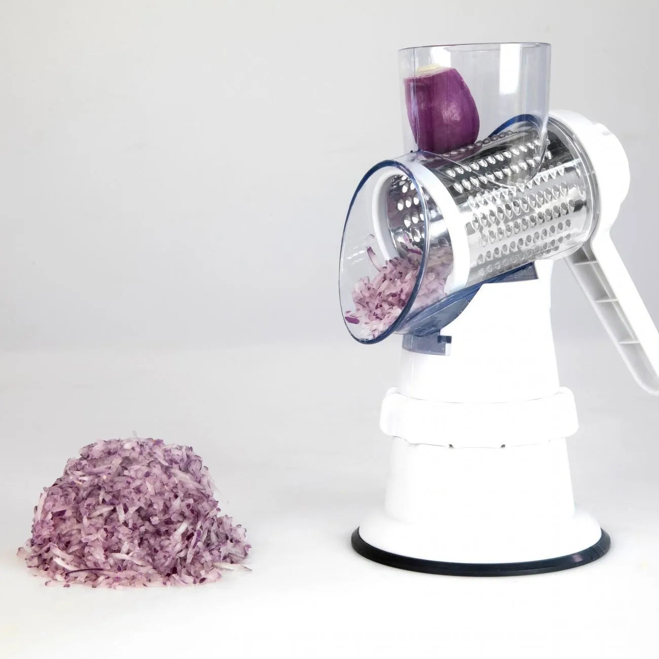 White 3-in-1 vegetable slicer manual kitchen gadget with suction feet and stainless steel blades