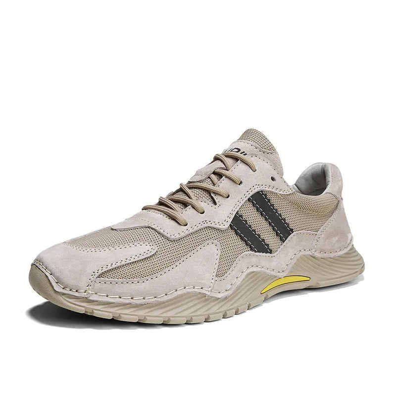 Men's low-top lace-up hiking boots in sand colour with pigskin upper and platform heel