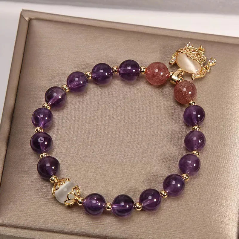 Handmade copper longevity lock bracelet with amethyst crystal and ruyi charms