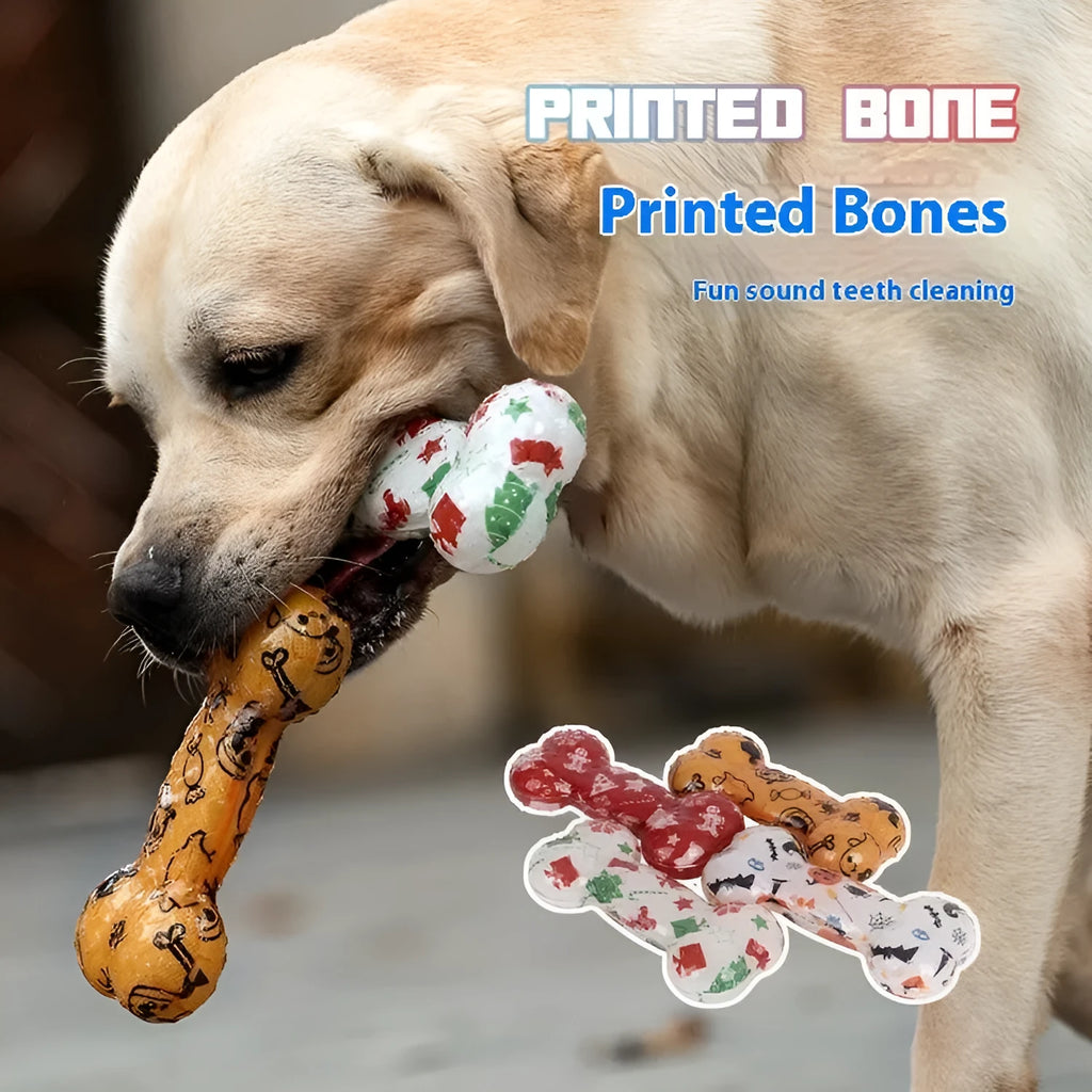 TPR dog nibbling sound toy with printed bone pattern in Christmas red colour