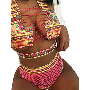 Women's cross-strap fishnet bikini set with high-waist briefs in multicolour checkered pattern