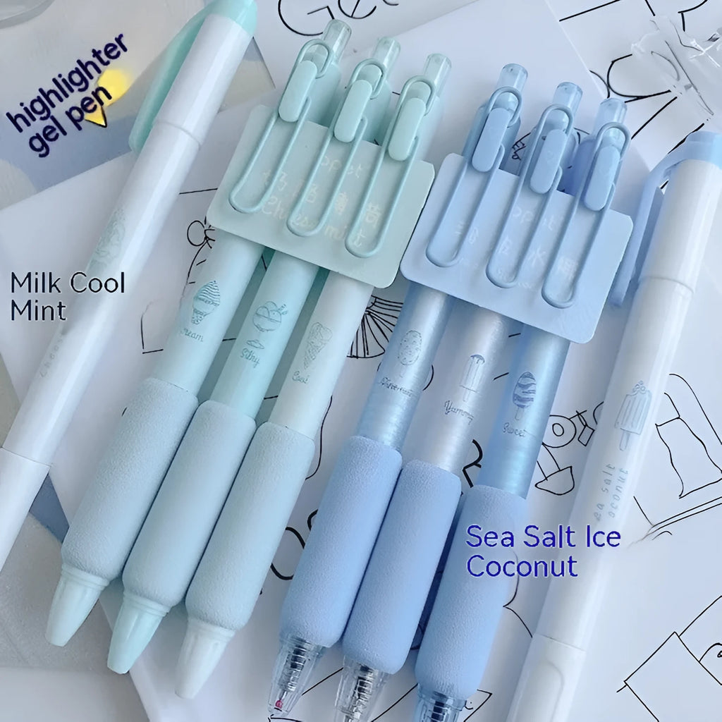 Four double-headed fluorescent calligraphy pens with 0.5mm tips for student practice.