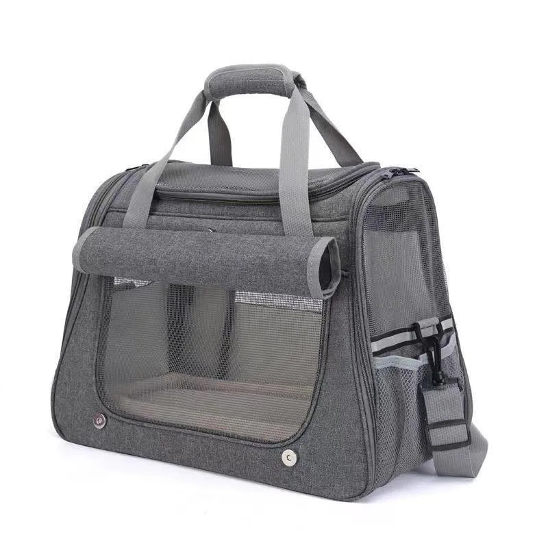 Canvas pet carrier bag in gray with large 35-litre capacity for cat travel, hard-sided and breathable design
