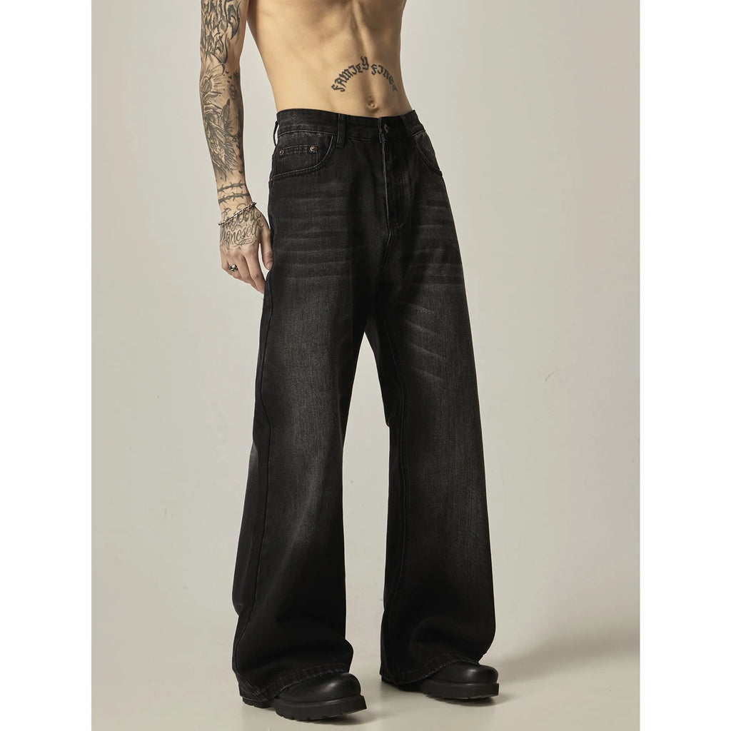 Black loose straight retro jeans showing front and back views with five-pocket design