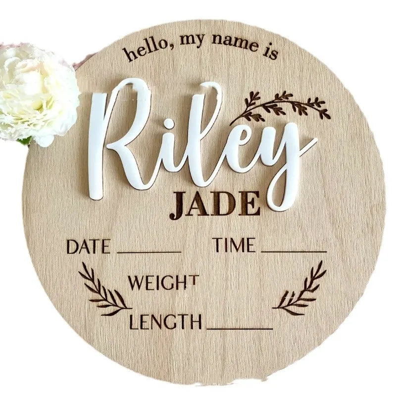 15cm square wooden birth information plaque showing baby's surname, birth date, weight and height details