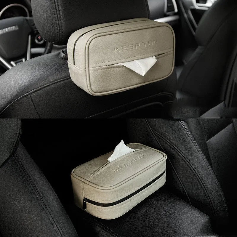 Black leather hanging storage box with a zip and PU strap, shown next to a beige medium sized box.