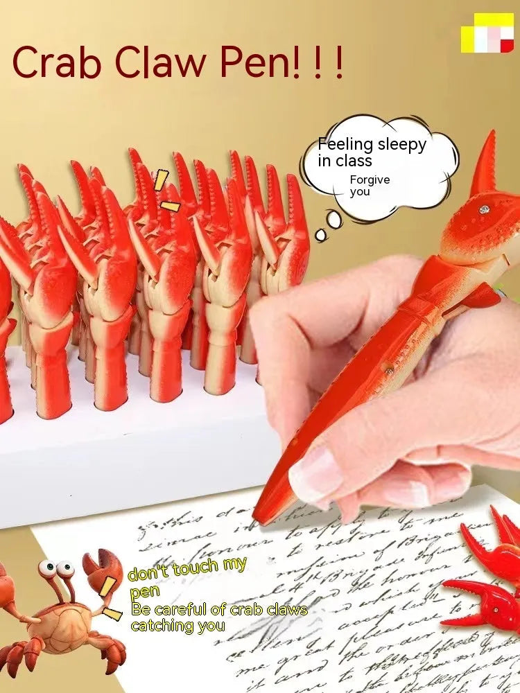Crab-themed ballpoint pen with pressable can clip fidget mechanism