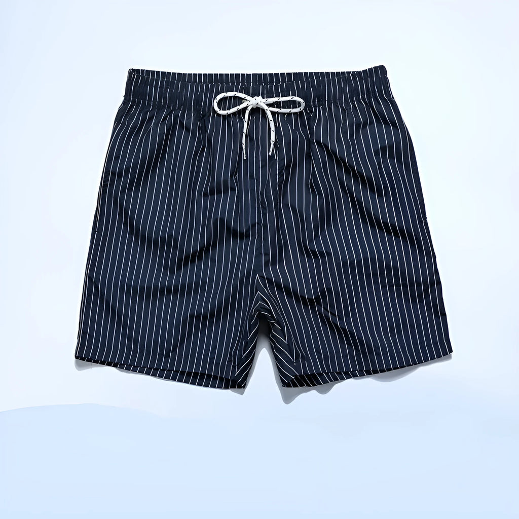 Polyester fibre striped beach shorts with straight leg openings and triangle lining in multiple colours