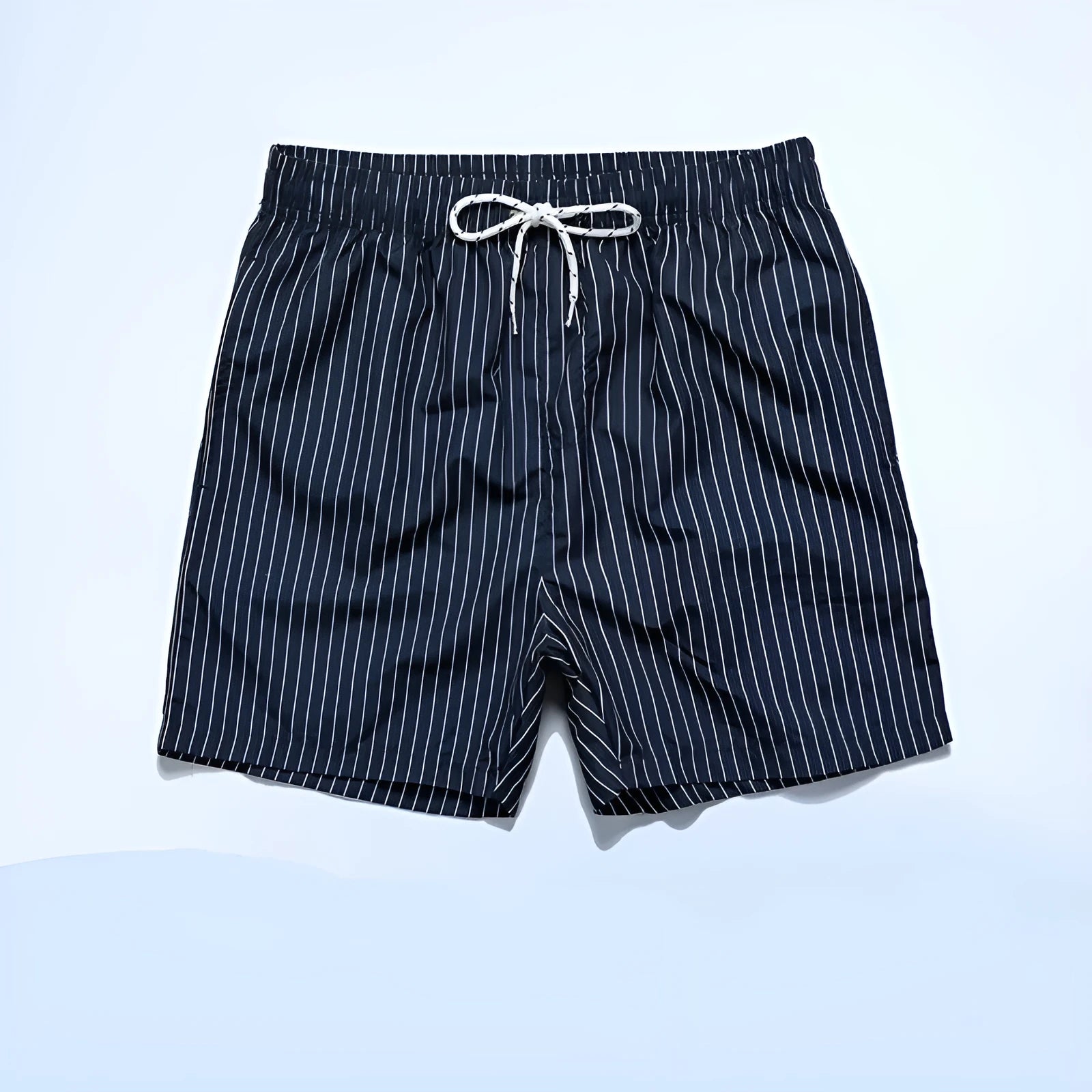 Polyester fibre striped beach shorts with straight leg openings and triangle lining in multiple colours