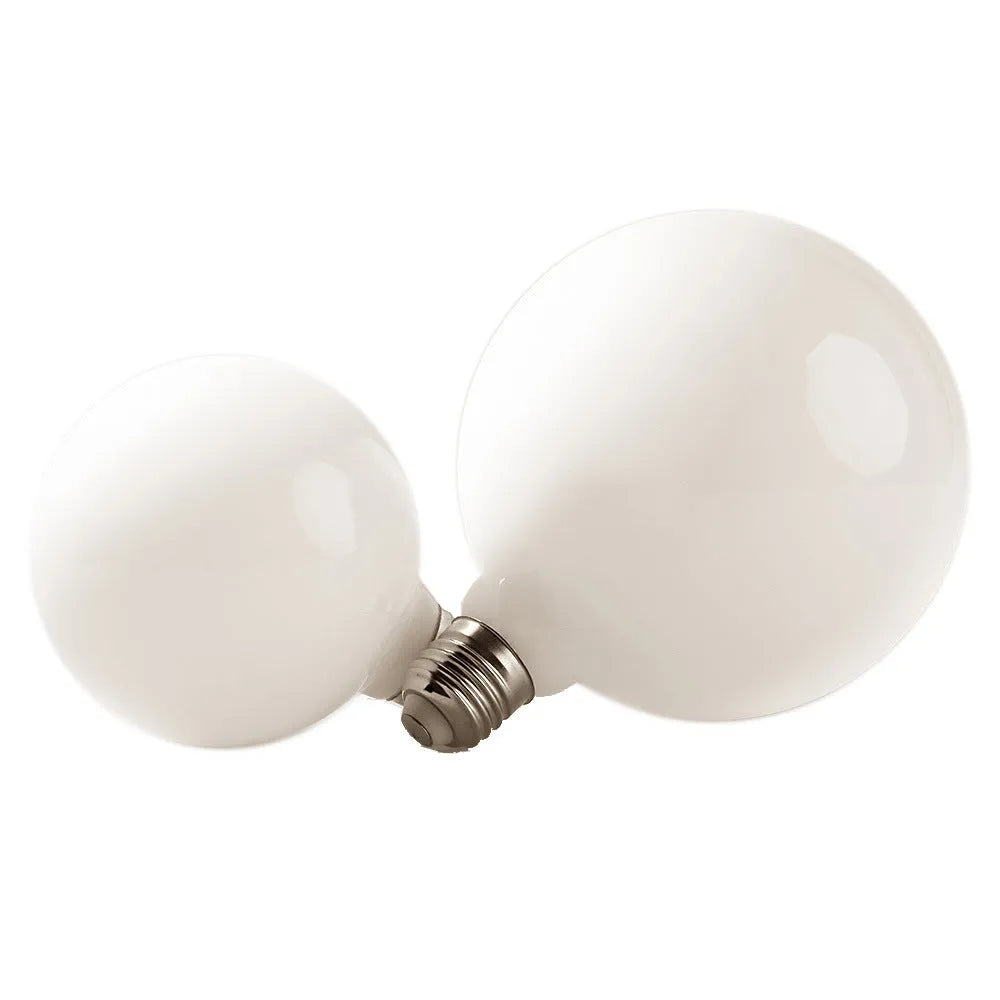 Milky white glass LED bulb with screw base, 80mm diameter, three colour temperature options, for home use
