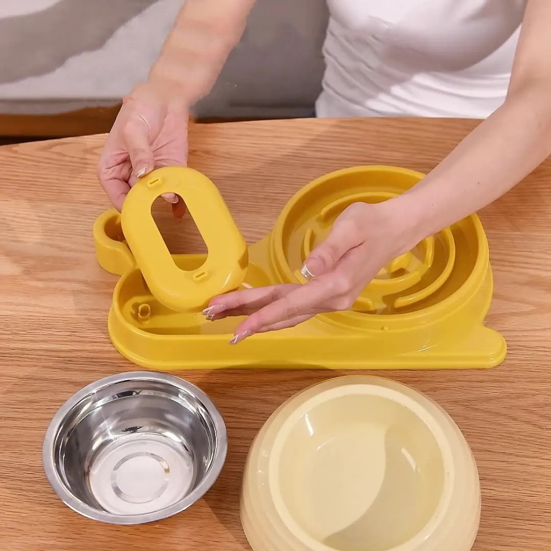 Elevated cat food bowl with automatic water dispenser in food-grade materials