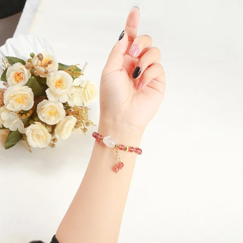 Strawberry quartz agate white rabbit bracelet with 6mm round beads in geometric sweet women's design
