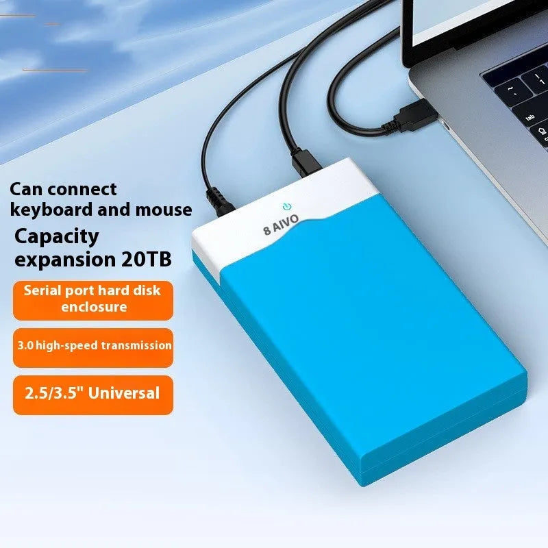 3.5-inch external hard drive enclosure in ABS plastic with USB 3.0 cable and power supply.