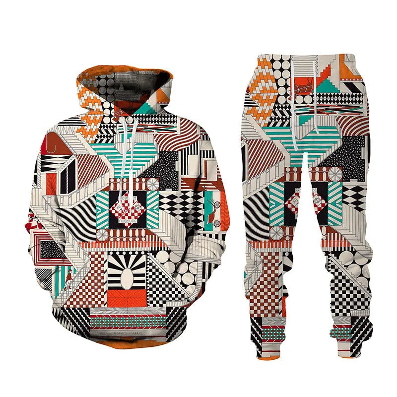 Men's 3D printed sports hoodie set with matching loose fit pants in black, front view
