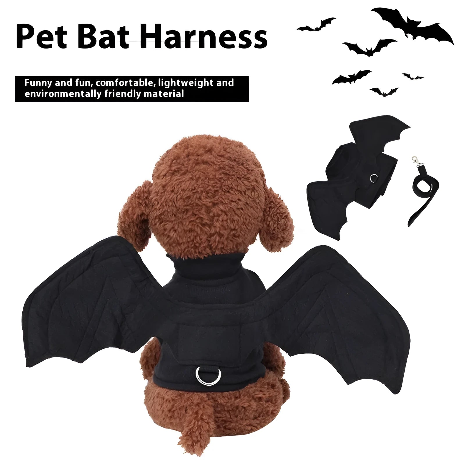 Black bat wings Halloween costume accessory for dogs with chest harness system