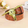 Men's brown leather belt featuring a detailed silver alloy cow head buckle.