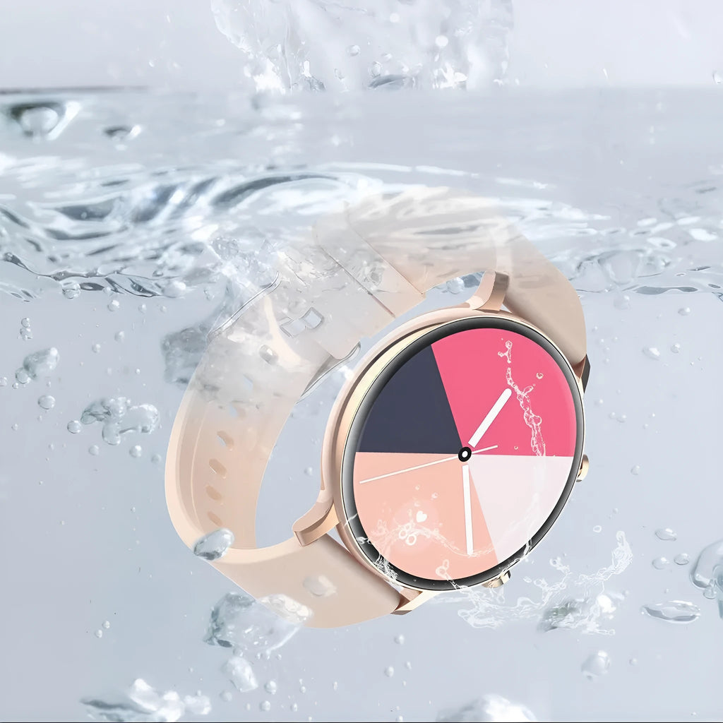 Black Bluetooth smartwatch with stainless steel strap on a wrist, showing a heart rate reading on its circular screen.