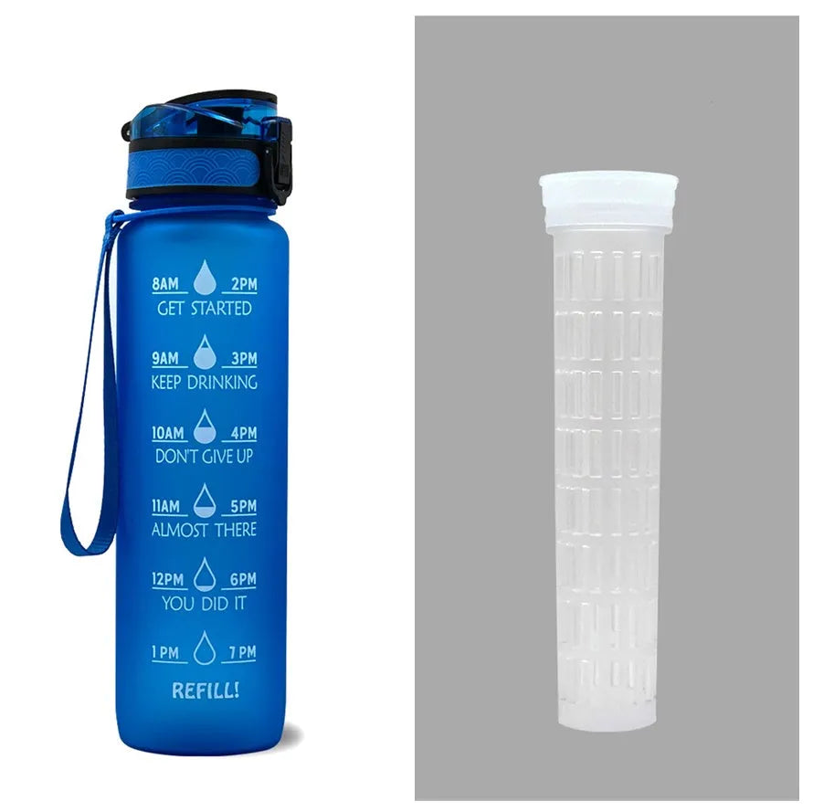 1L Tritan sports water bottle with time markers and flip-top lid in blue-red gradient colour