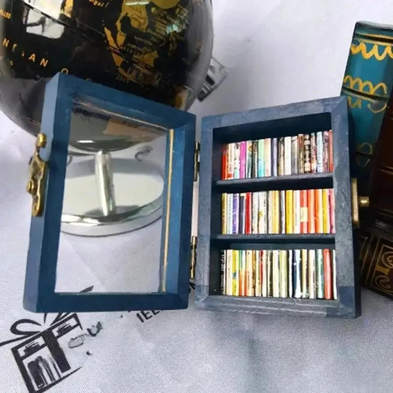 Mini wooden anti-anxiety bookshelf ornament with 60 mini books, 10x8x5cm, for desktop decor.