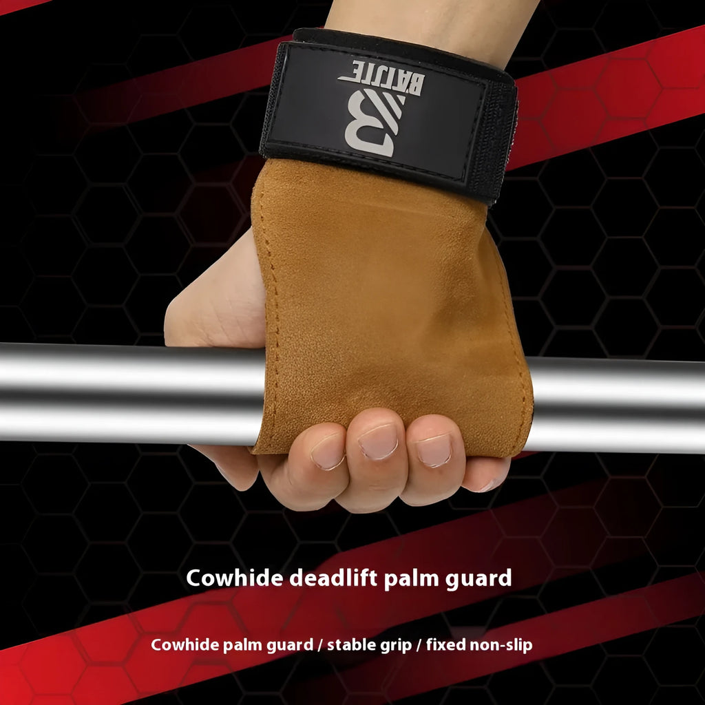 A pair of brown fitness wrist protector bands for grip strength and pull-up support.
