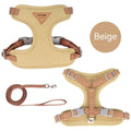Mesh dog harness and lead set with anti-escape breast strap in green, blue, beige or yellow, sizes XS to L