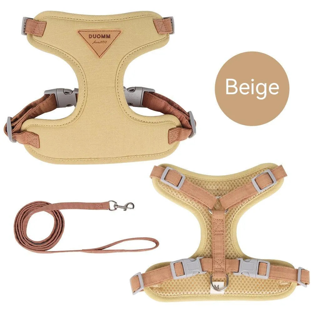 Mesh dog harness and lead set with anti-escape breast strap in green, blue, beige or yellow, sizes XS to L