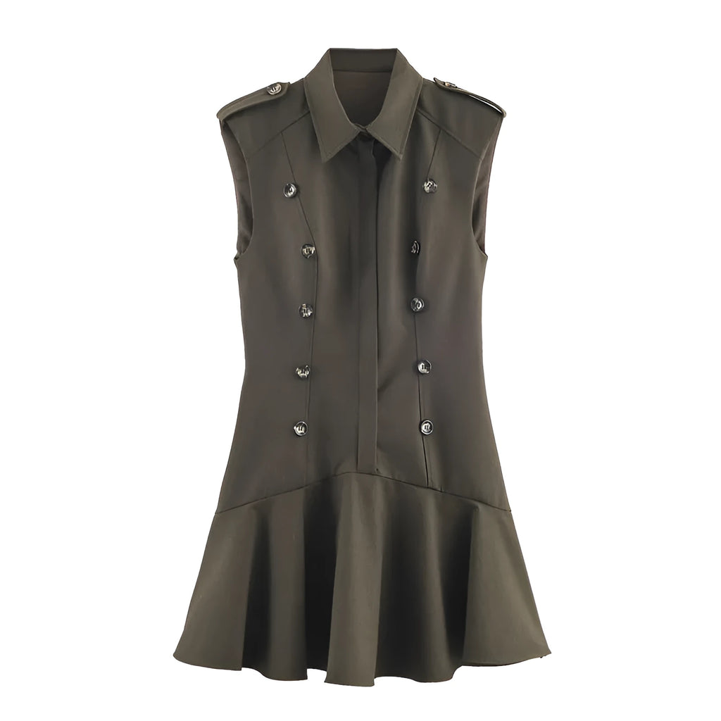 Women's short dress with padded shoulders, laminated decoration, stripes and plaid pattern, long sleeves, asymmetric skirt