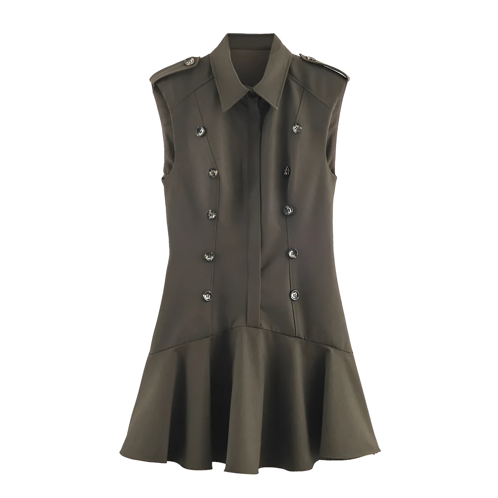 Women's short dress with padded shoulders, laminated decoration, stripes and plaid pattern, long sleeves, asymmetric skirt
