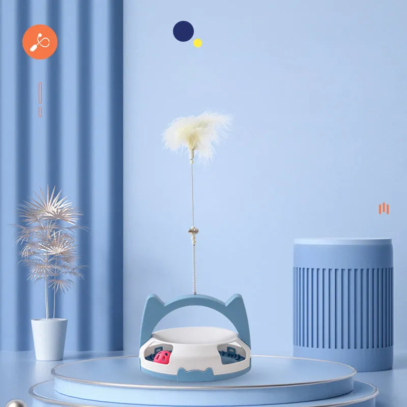 Blue and pink cat toy stick with spinning ball on a nylon wand, showing replaceable head.