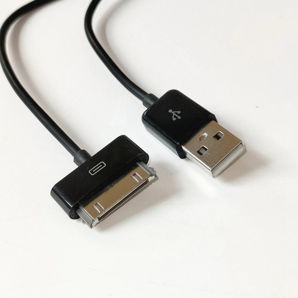 Black 1 metre data and charging cable for tablet on white background