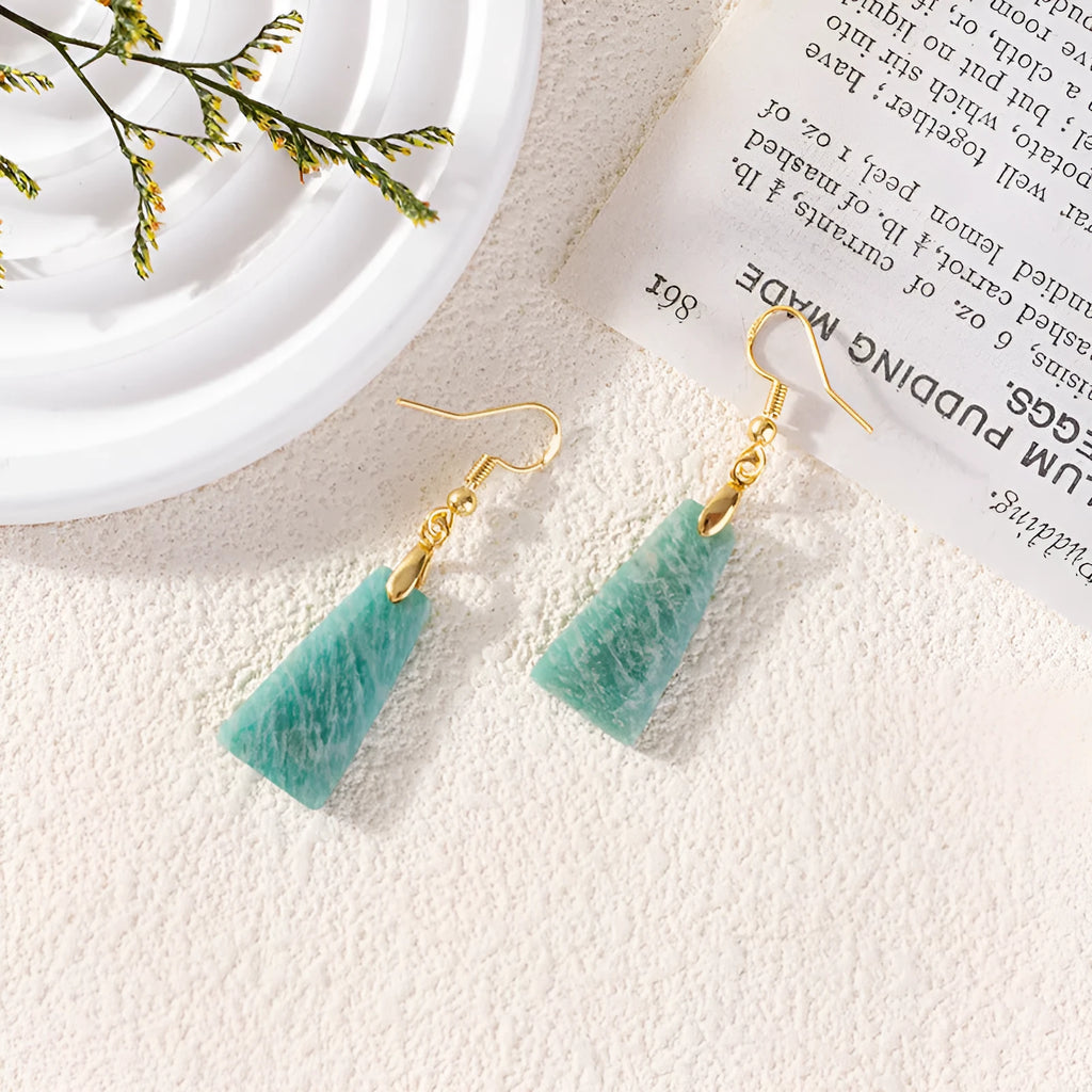 Amazonite rough stone trapezoid earrings with geometric design in gold and silver colours