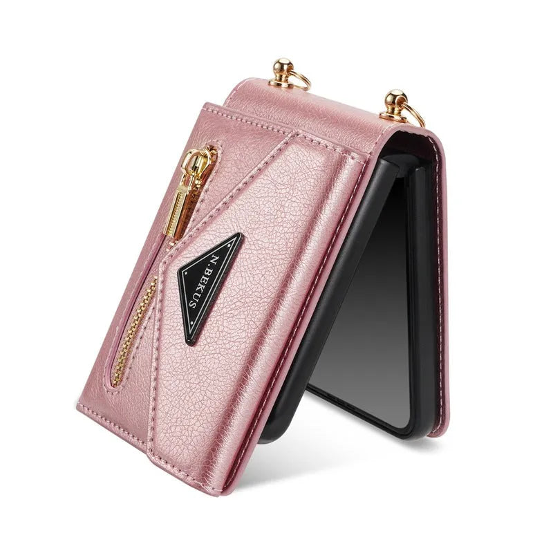 Samsung Flip5 phone case with side zipper card holder and bracket in black PU