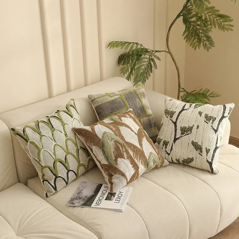 45cm square jacquard floral cushion cover in a Nordic-style pattern on a sofa.