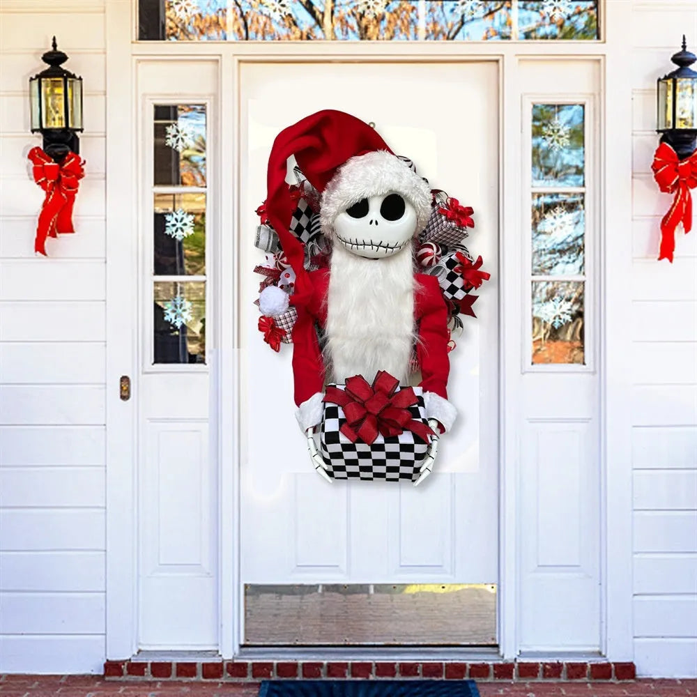 Christmas Jack doll garland in cartoon style made from wooden and cloth materials for holiday window display