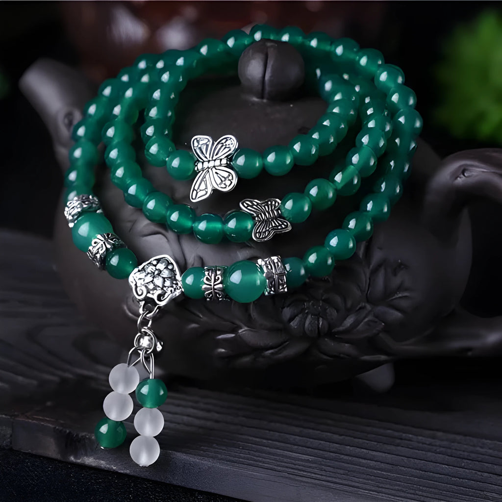 Green agate multi-layer bracelet with three circle strands and adjustable chain closure