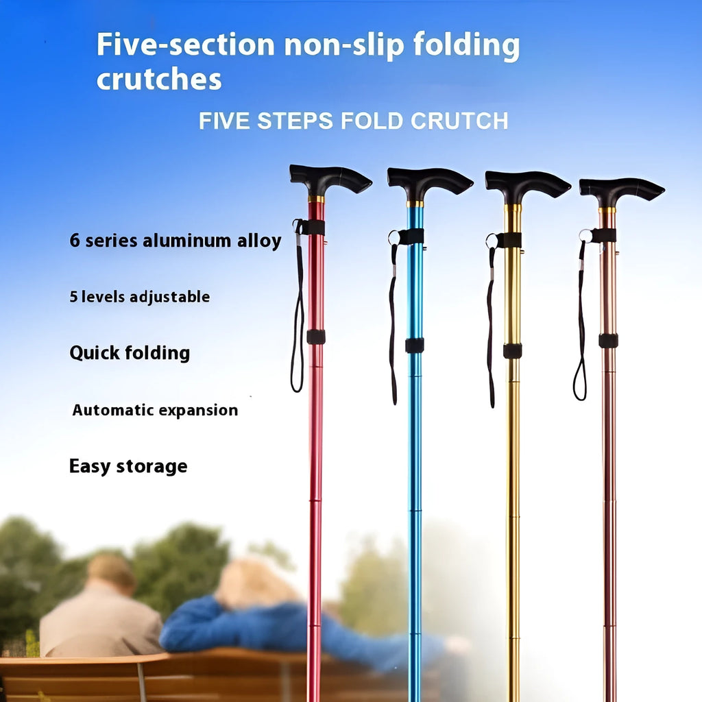 Aluminium alloy folding walking stick extended to show adjustable height and non-slip tip.