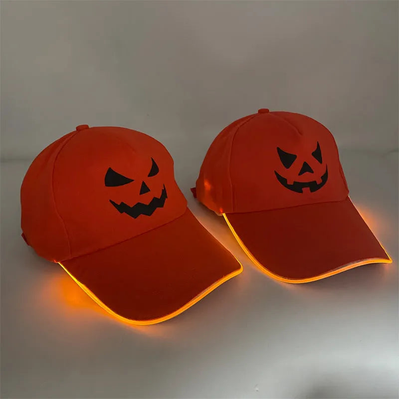LED illuminated baseball cap for Halloween with pumpkin smile yellow light pattern