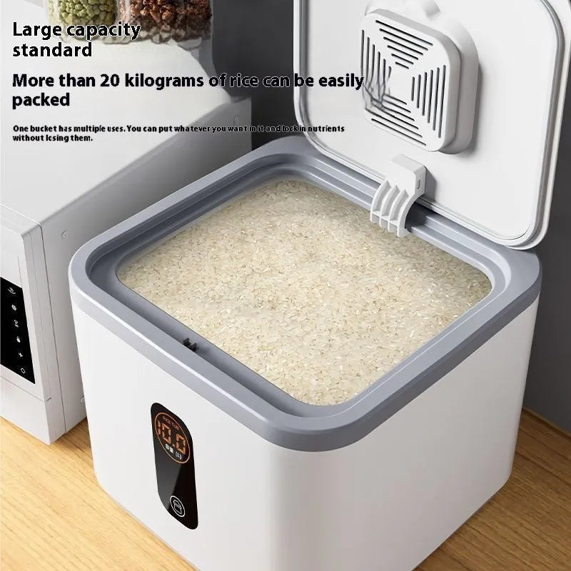 Grey plastic sealed rice storage jar with lid and measuring cup in 10kg, 20kg, or 30kg size.