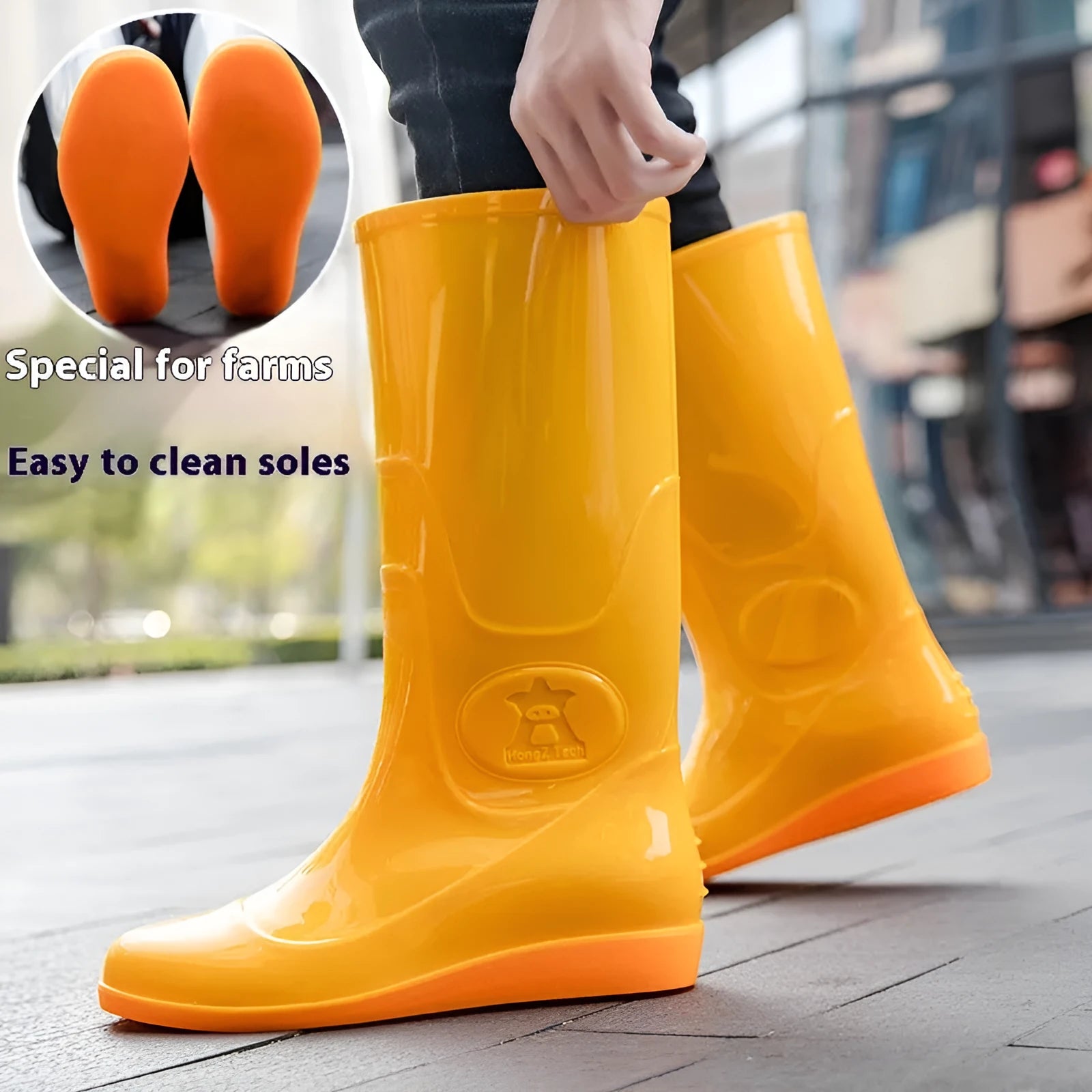Men's white plastic rain boots with flat heel and round toe design